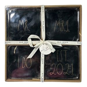 Rae Dunn Set of 4 "MR." "MRS." "I DO" "EST 2021" Ceramic Coaster Set